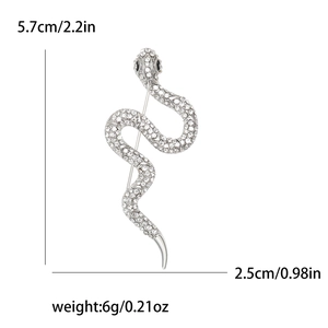 Silver snake brooch with sparkling rhinestones and black gem eyes, 5.7cm elegant accessory