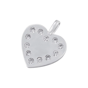 Detailed view of heart-shaped silver pendant with sparkling inlaid crystals and polished ring