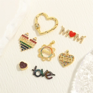 18K gold plated heart and love charms with colorful zircons for DIY jewelry making