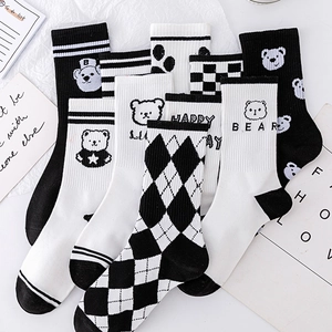 Cute bear and checkerboard pattern cotton crew socks for women in black and white