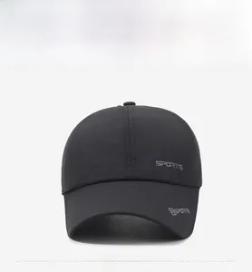 Front view detail of a black quick-dry sports baseball cap with embroidered lettering