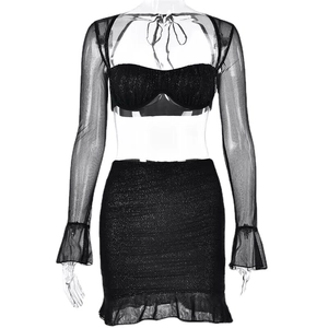 Elegant black sequin two-piece set with mesh flare sleeves and ruffled bodycon mini skirt