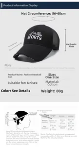 Size chart for baseball cap with 10cm brim and detailed head measurement guide