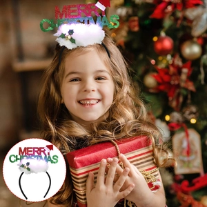 Light-up Merry Christmas headband with glitter letters and plush trim for holiday parties