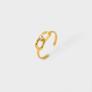 18K gold plated stainless steel open ring with oval design and central cubic zirconia