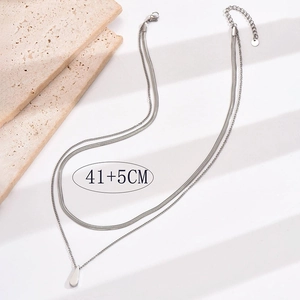 Double-layer silver stainless steel necklace with water drop pendant and 41+5cm chain