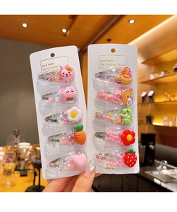 Detailed set of 10 cartoon fruit hair clips with colorful beads for little girls