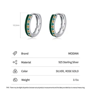 S925 Sterling Silver green enamel hoop earrings with yellow cubic zirconia stones