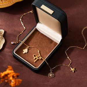 18K gold plated stainless steel necklace with butterfly and mushroom charms in a jewelry box