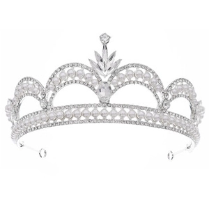 Front view of a silver bridal tiara with white pearls and clear rhinestones on white background