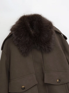 Close-up of heavy brown faux leather jacket with a thick, fluffy faux fur collar and buttons