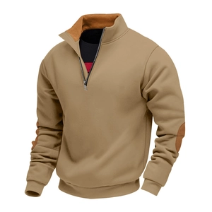 Felpa uomo kaki a mezza zip con toppe sui gomiti in finto camoscio marrone