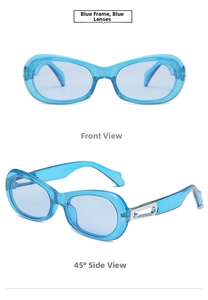 Front and 45-degree side views of blue oval sunglasses with silver metal temple accents