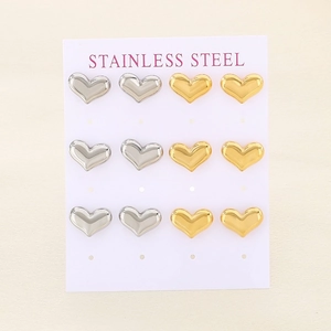 Lot de 6 paires de boucles d'oreilles cœur en acier inoxydable doré et argenté sur carte