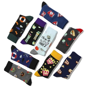 Mid-calf cotton socks featuring cartoon food prints like pizza and beer on white background