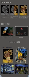 Detailed view of Van Gogh themed scratch art kit with tools and world-famous masterpieces