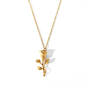 Elegant gold rose pendant necklace in stainless steel with detailed floral petals