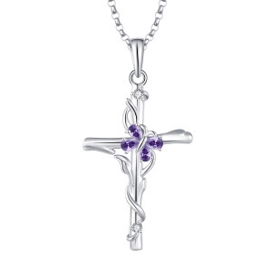 Silver cross necklace featuring a purple gemstone butterfly with pavé zircon accents