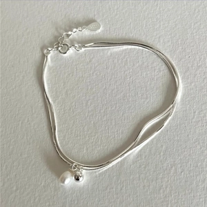 S925 sterling silver double-layered snake chain bracelet with pearl and metal bead