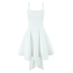 Detail of a white square-neck mini dress showing back ribbon ties and pleated A-line skirt