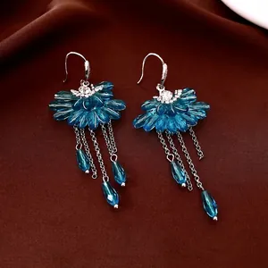 Bohemian fan-shaped deep blue crystal tassel earrings with elegant silver finish
