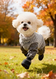 Action shot of a white dog in a grey quilted winter jumpsuit and black pet shoes outdoors