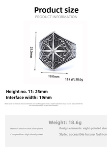 Detailed size chart for Viking star ring showing 25mm height and 19mm width dimensions