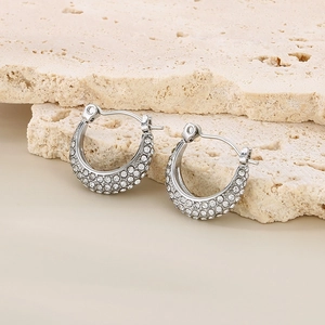 Macro shot of silver sterling earrings featuring dense pave-set crystals on stone