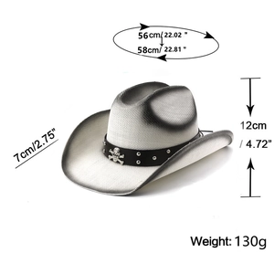 Detail view of gradient western cowboy hat with skull emblem and size dimensions