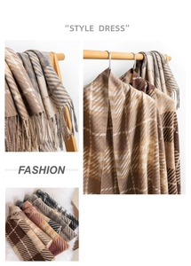 Detail of plaid scarf featuring fringed edges and soft cashmere-like texture fabric