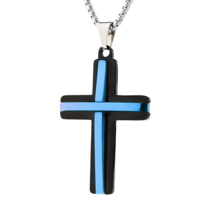 Double layer stainless steel cross necklace with black finish and blue stripe design