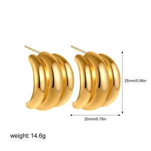 Detail view of 18K gold-plated chunky triple C-hoop earrings with 25mm height measurements