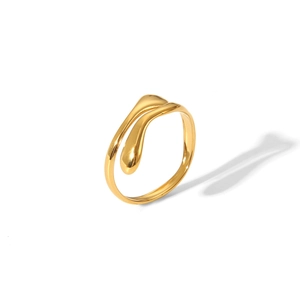 Detailed view of polished gold crown ring with a fluid organic double-layered design