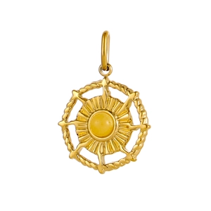 Macro shot of golden amber pendant with sunburst texture and twisted edge detailing