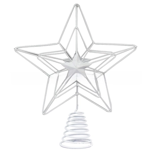 Detailed view of a white wire star Christmas tree topper with spiral base attachment