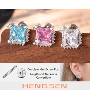Square Zircon Ear Studs With Titanium Steel Earring Post Double Headed Screw Back Geometric Star Earrings For Women
