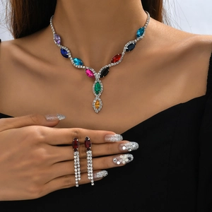 Colorful marquise stone bridal jewelry set with crystal fringe necklace and drop earrings