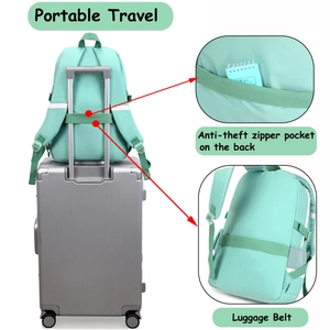 Detail showing the luggage belt and anti-theft back pocket on the mint green backpack