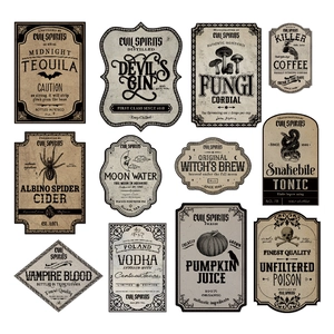 Vintage Halloween bottle labels featuring spooky themes like Witch's Brew and Pumpkin Juice