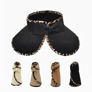 Women's foldable straw sun visor hat with leopard trim and bow decoration