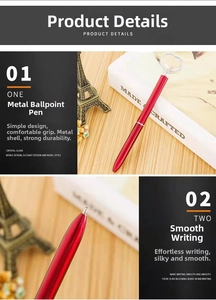Detail of red metal ballpoint pen featuring a crystal heart topper and silver nib