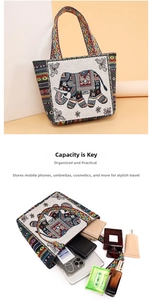 Ethnic embroidered elephant tote bag showing large capacity for daily items