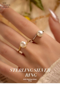 Close-up of S925 sterling silver bamboo joint rings with pearls in gold and silver finish