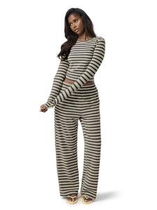 Detailed texture of striped long-sleeve crop top and high-waist wide-leg pants set
