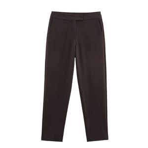 Deep coffee brown professional trousers with smooth drape and high waist minimalist design