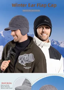 Detail view of winter knitted cap with fleece lining and ear flaps for cold weather