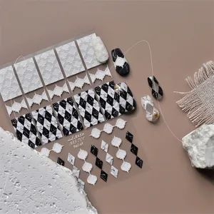 3D embossed nail art stickers with black marble and white lattice window patterns