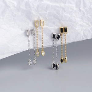 925 Sterling Silver Geometric Long Chain Tassel Earrings Rectangular Marquise Zircon Dangle Jewelry For Women