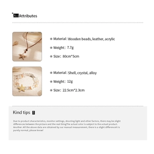 Spécifications détaillées du collier étoile de mer et bracelet en coquillage avec dimensions