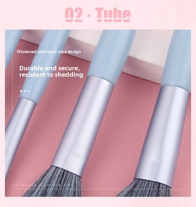 Detail view of thickened silver aluminum ferrule on soft fiber makeup brushes